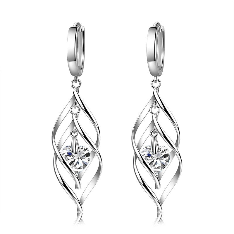 925 Sterling Silver Hollow White Crystal Long Drop Earrings For Women Fashion Wedding Jewelry Gift - lecapmode