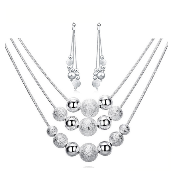 925 Sterling Silver 18-inch Frosted Beads Pendant Earrings Necklace For Woman