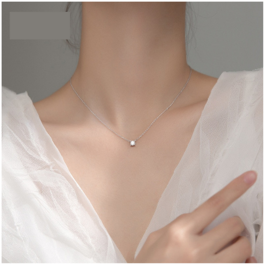 Simple 925 Sterling Silver Geometric Cut Sparkling Zircon Pendant Necklace